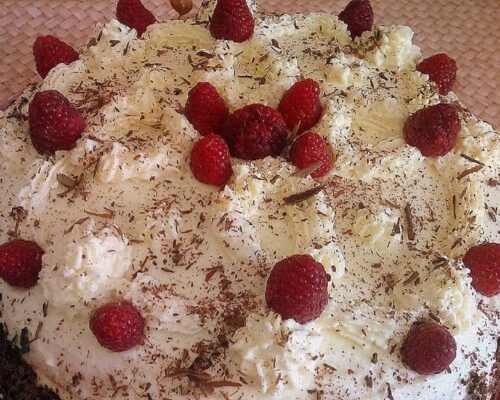 presărați partea de sus a desertului cu fulgi de ciocolată