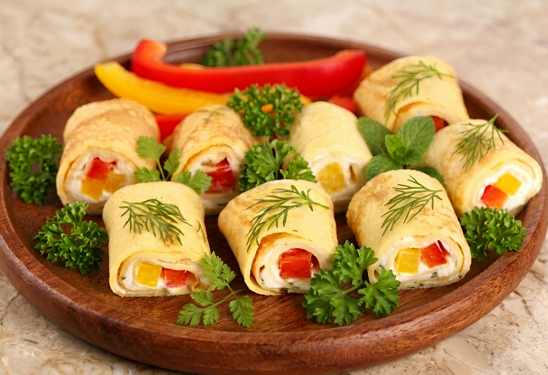 Rulouri de omleta cu ardei si crema de branza poza