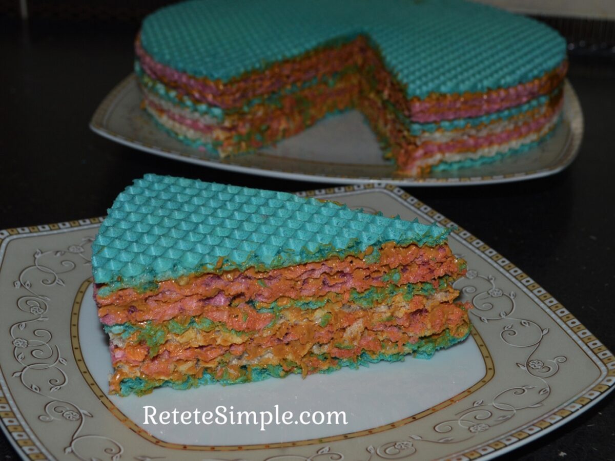 No-bake waffle cake on platter with caramel cream layers