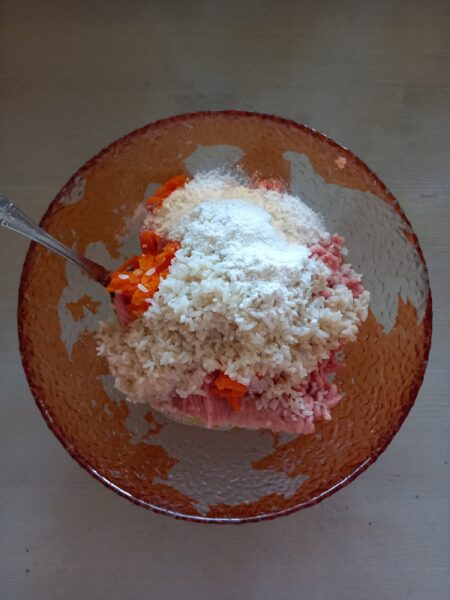 add rice, fried vegetables, salt and pepper