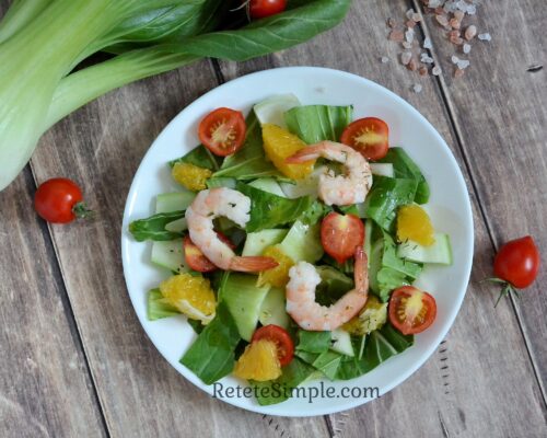 Healthy seafood salad featuring shrimp, orange, and bok choy