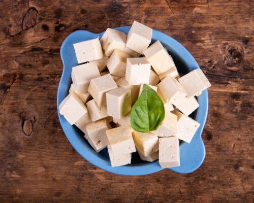 Cut the tofu into cubes and fry