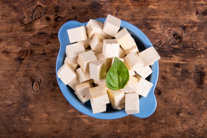 Cut the tofu into cubes and fry