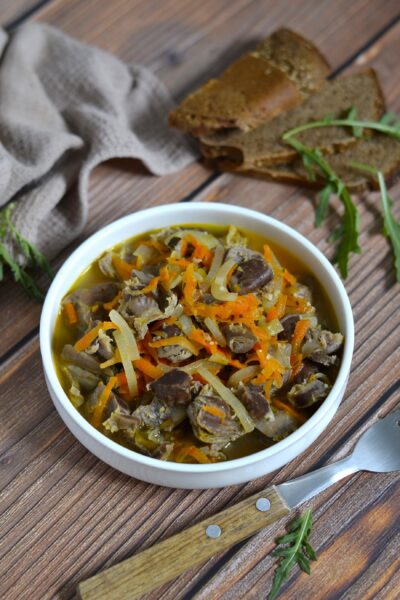 Chicken gizzards cooked in a rich goulash sauce