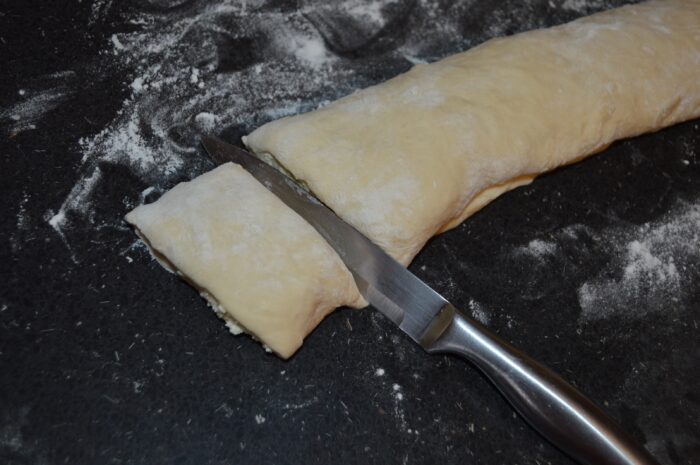 Cut with a knife from the formed roll