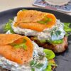 Open smoked salmon sandwich with cream cheese and cucumber