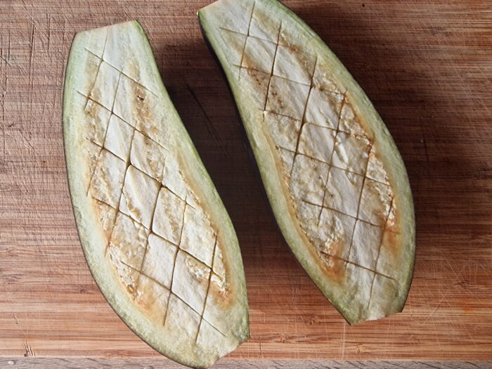 Cut lengthwise down the middle