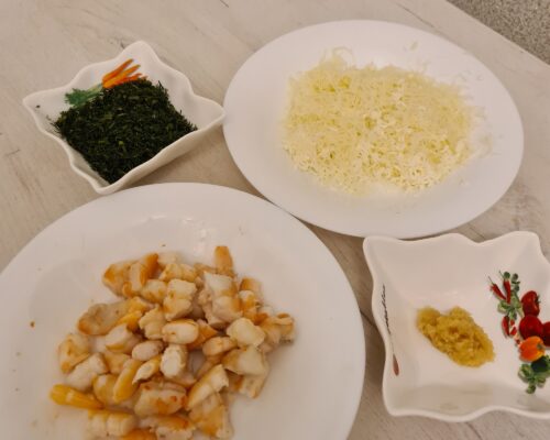 Finely chop the greens, peel the shrimp