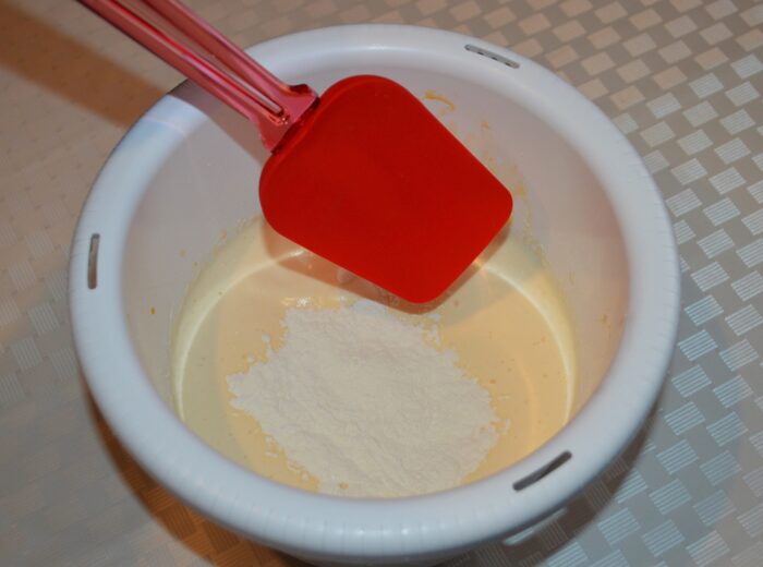 add half of the mixture and gently fold it in with a spatula