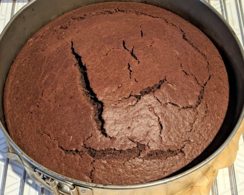 Wrap the cooled cake in plastic wrap
