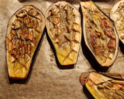 Remove the eggplants from the oven