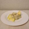 Creamy shrimp risotto topped with mozzarella and dill