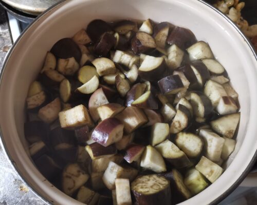 Boil the eggplants