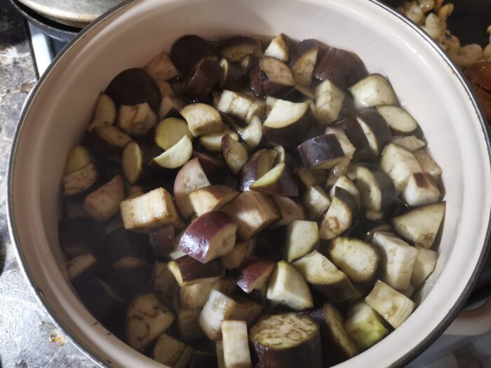 Boil the eggplants