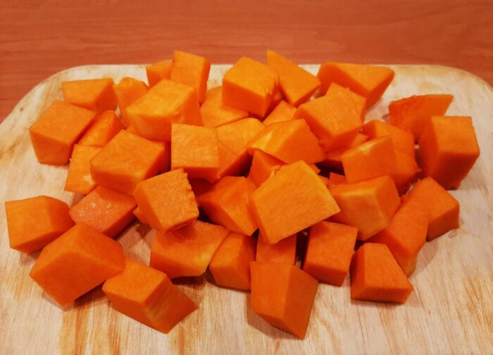 Cut off the hard rind from the pumpkin