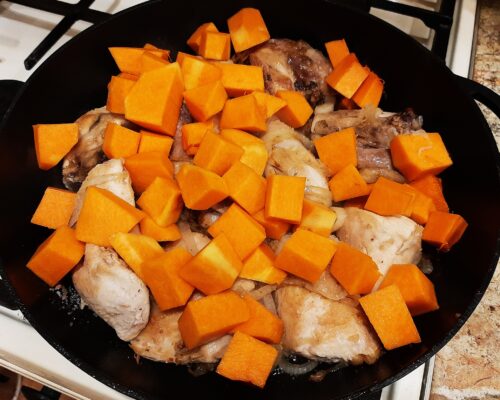 Add the pumpkin and garlic to the pan