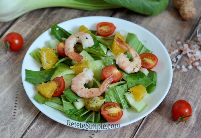 Salad with bok choy, royal shrimp and orange slices