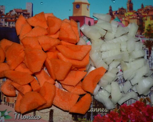 Chop one of the onions and the carrot