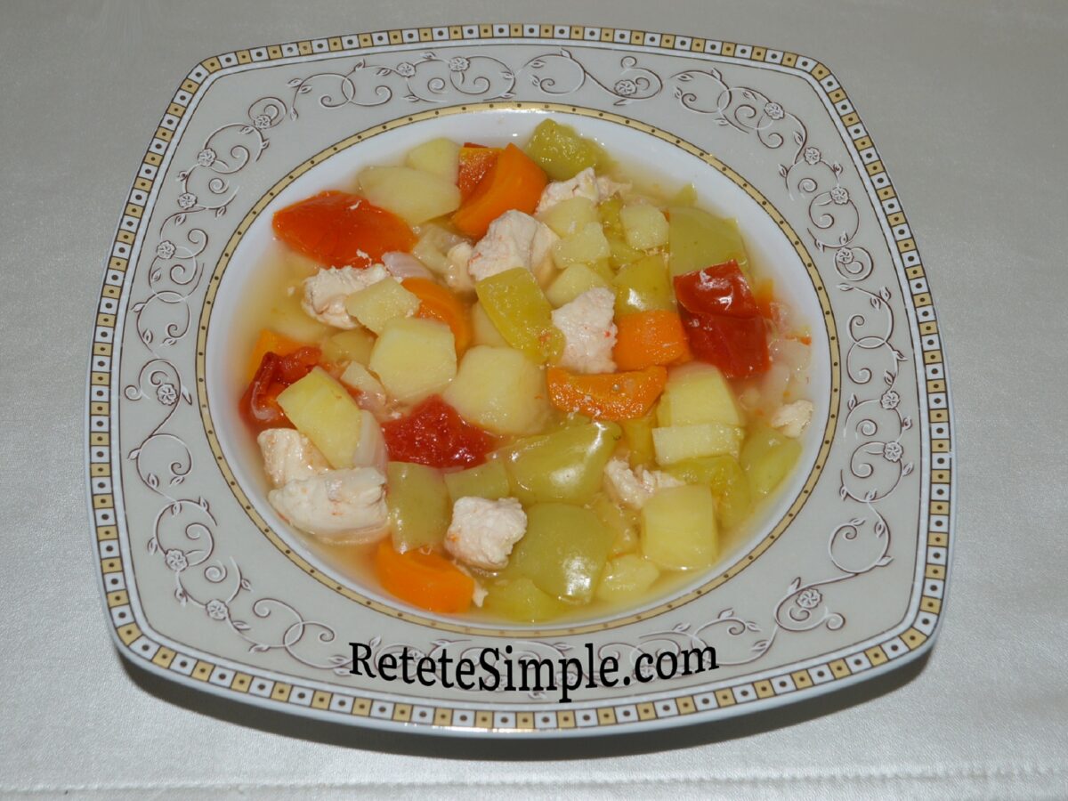 Served chicken stew with vegetables in bowl