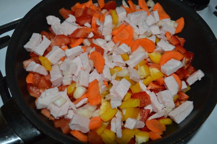 Add the vegetables and meat to a hot pan