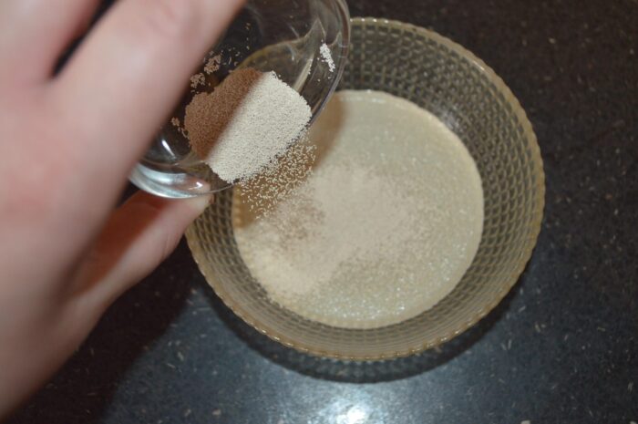 Поместите сухие дрожжи в слегка подогретую воду