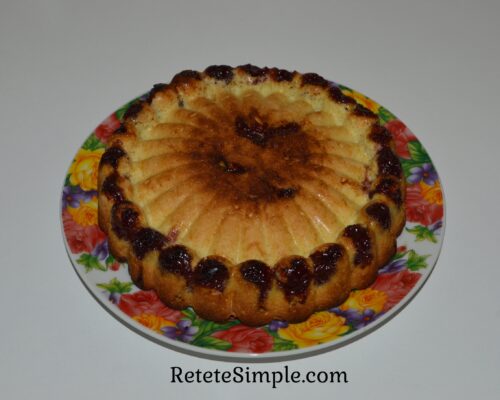 Cherry cake fresh from oven with golden crust