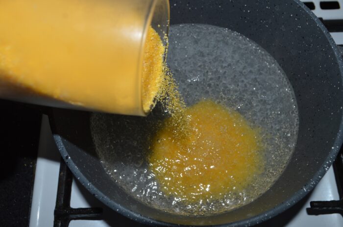 Pour a little flour into boiling water