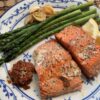 Healthy meal plate: salmon, tomato-infused rice and chickpea salad