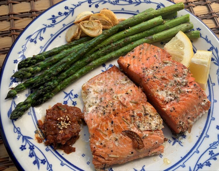 Oven-Baked Salmon with Tomato Rice & Chickpea Salad