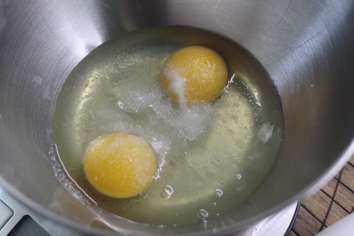 beat the eggs with the salt and vanilla