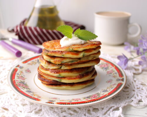 Side view of pancake stack with golden texture