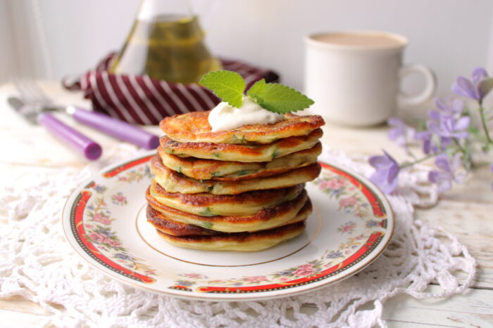 Side view of pancake stack with golden texture