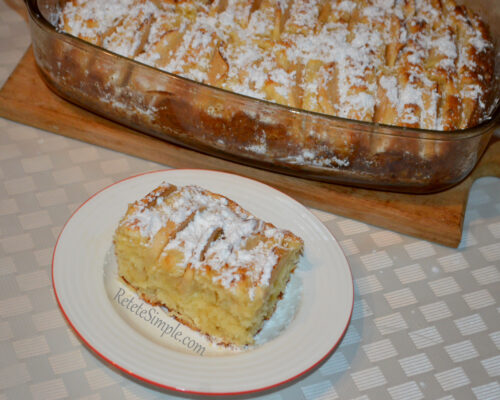 cottage cheese apple cake slice showing apple pieces inside