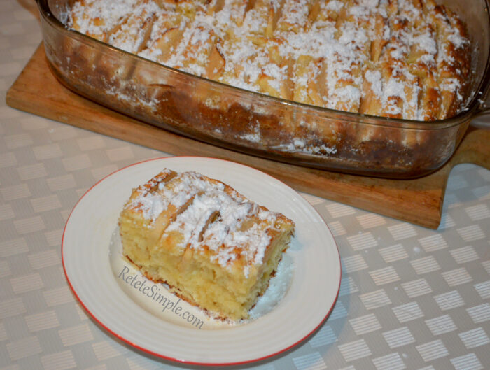 cottage cheese apple cake slice showing apple pieces inside