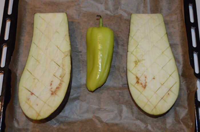 place the eggplant halves on it