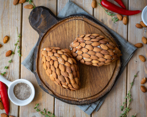 Festive buffet table featuring cheese almond cones appetizer
