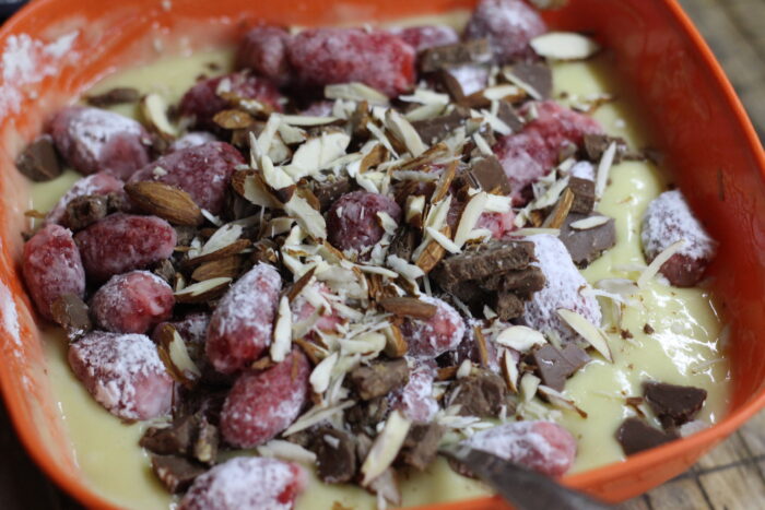 Add the chopped almonds and chocolate