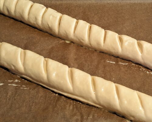 grease the baguette with egg yolk