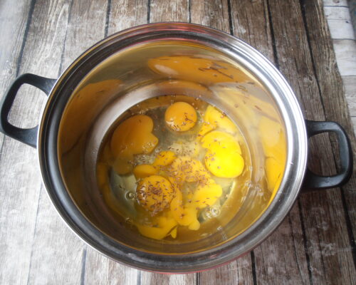 Beat six eggs with salt until white