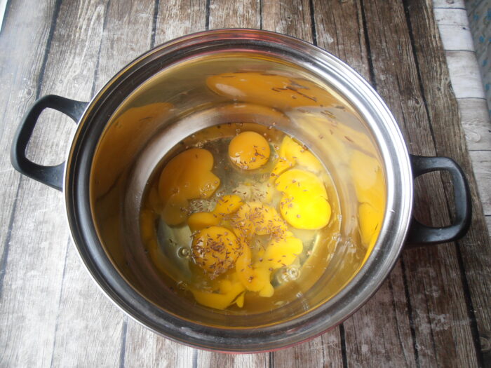 Beat six eggs with salt until white