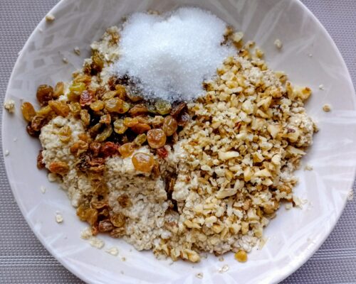 Add the prepared nuts, raisins