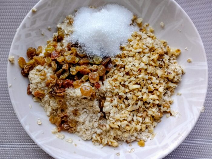 Add the prepared nuts, raisins