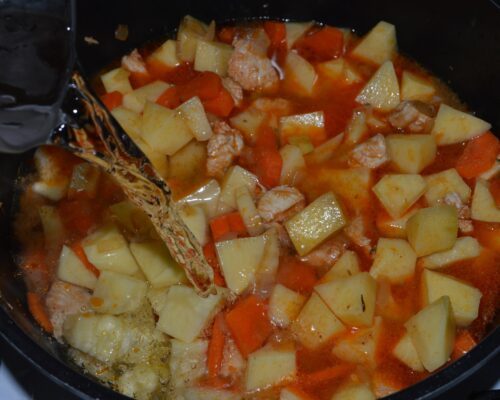 Pour in the water and simmer