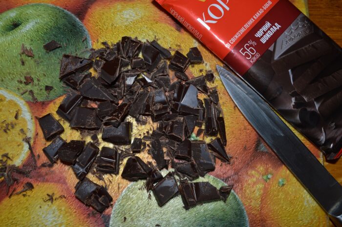 Finely chop 80% of a whole bar of dark chocolate