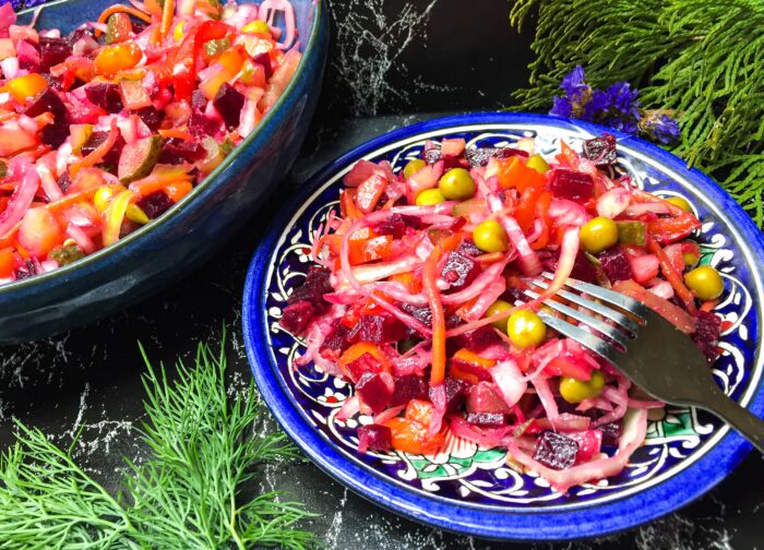 The vinaigrette salad with pickled cucumbers and sauerkraut is ready