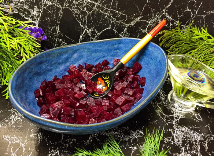 Cut the peeled beets