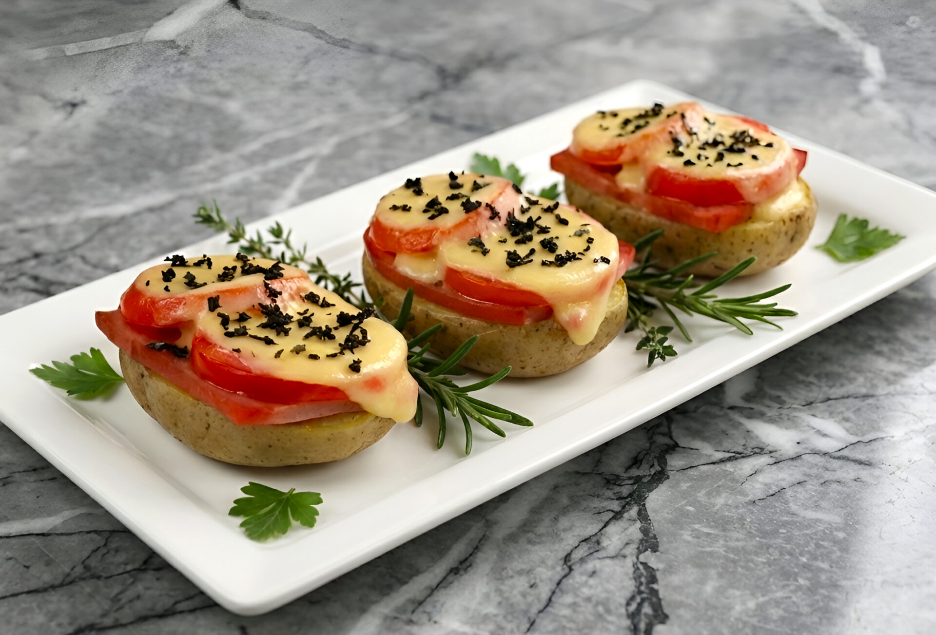Ham and Cheese Baked Potatoes with Tomatoes photo